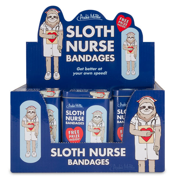 Display box of Sloth Nurse Bandages featuring cartoon sloth nurses in white uniforms with red hearts. Blue box contains multiple tins of bandages, advertising "Get better at your own speed!" and "Free prize inside" on each tin.