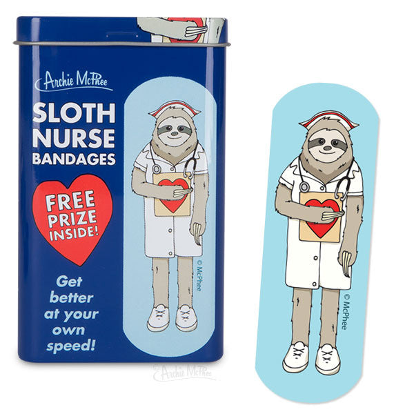 Blue metal tin featuring cartoon sloth nurse bandages with free prize inside. Includes image of sloth in nurse uniform holding heart, with matching bandage design. Text promotes getting better at your own speed.