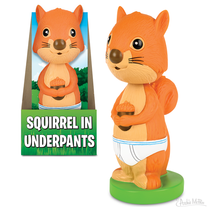 Whimsical orange squirrel figurine wearing white underpants, standing upright on a green base. Product packaging shows 'Squirrel in Underpants' text against nature background. Novelty nodder toy for quirky home decor or gift.