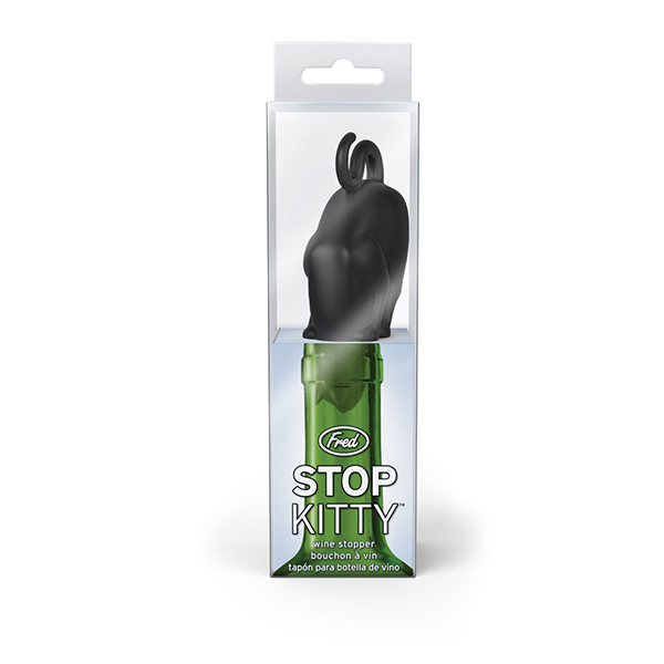 Cat-shaped wine stopper in black silicone, packaged in clear box with green bottle, labeled 'Stop Kitty' for sealing and preserving wine bottles