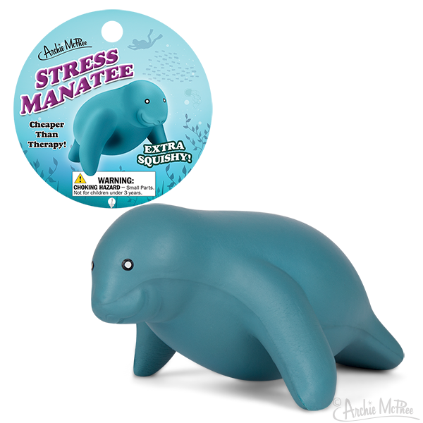 Stress Manatee squishy toy with product packaging, featuring a teal manatee-shaped stress reliever and circular tag highlighting 'Extra Squishy' and 'Cheaper Than Therapy!' claims, designed for relaxation and anxiety relief