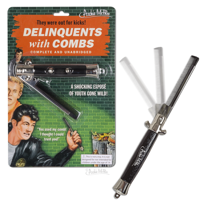 Vintage-style poster for "Delinquents with Combs" featuring retro imagery alongside a modern switchblade comb product, showcasing both the nostalgic packaging and the actual metal and plastic comb in open and closed positions