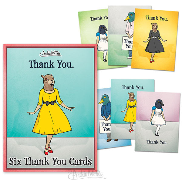 Quirky thank you card set featuring characters with animal heads in colorful dresses. Box displays squirrel-headed figure in yellow dress. Various cards show duck, crow, and squirrel characters. Unique and whimsical design for expressing gratitude.