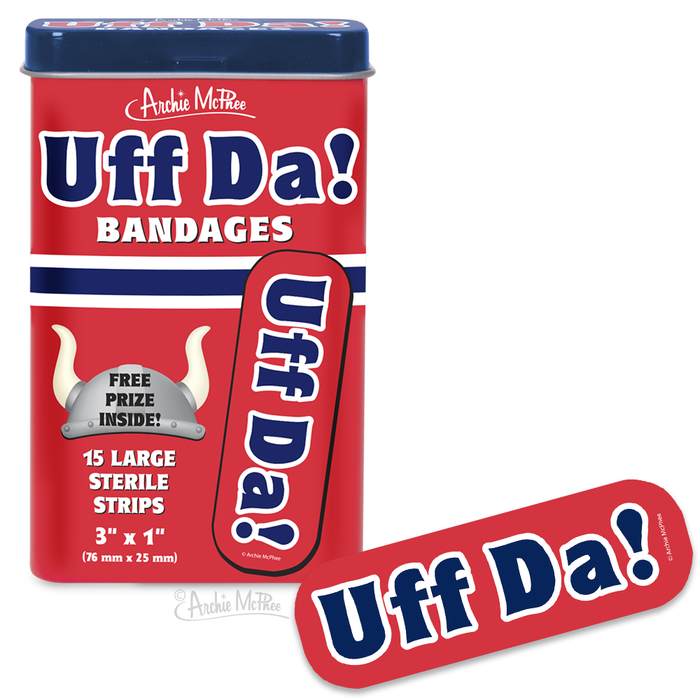 Red and blue tin of Uff Da! Bandages featuring Norwegian flag colors, containing 15 large sterile strips with Uff Da! printed on them. Includes free prize inside and displays a sample bandage with the product name.