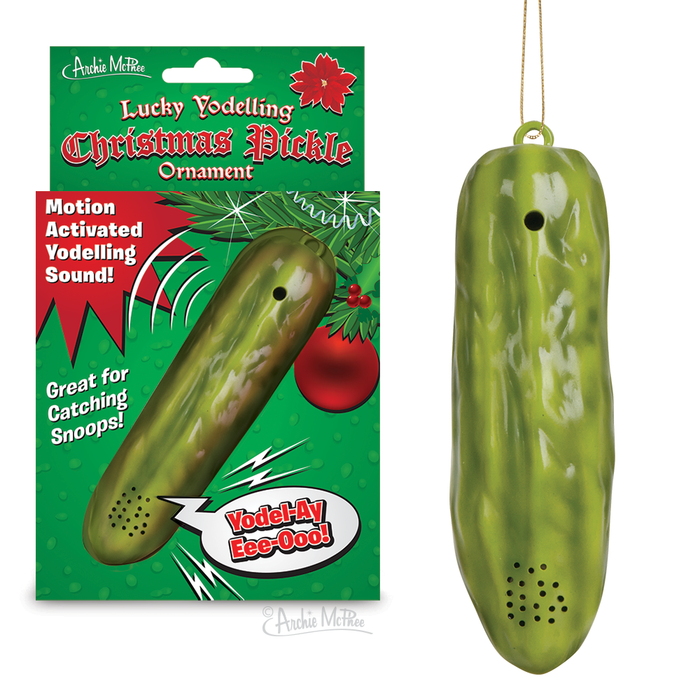 Lucky Yodelling Christmas Pickle Ornament with motion-activated sound, green plastic pickle-shaped ornament hanging next to product packaging featuring festive design and product details